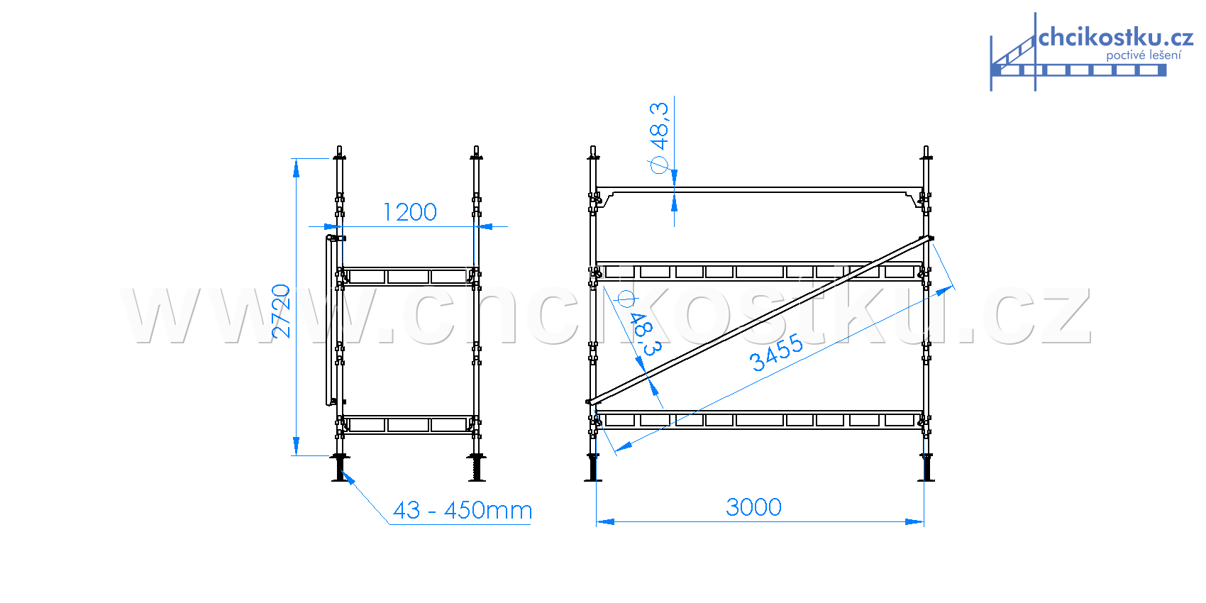 kompletní kostka lešení 2,72x1,2x3,0 bez podlážek