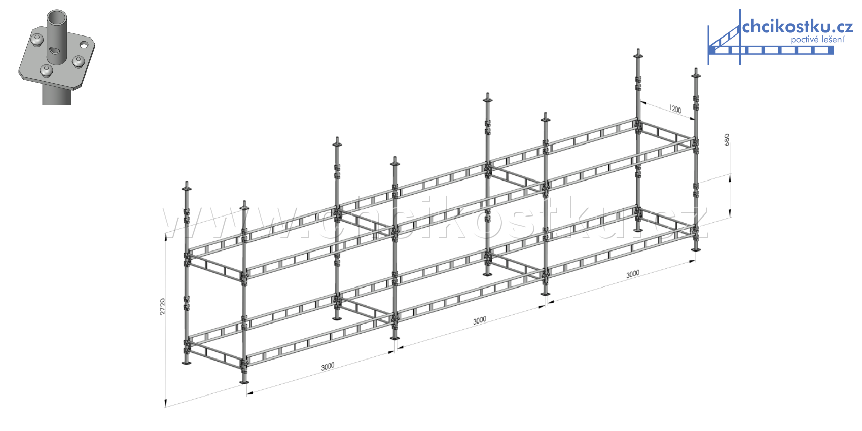 sestava lešení 2,72x9m / 24,5m2 - čtvercová patka