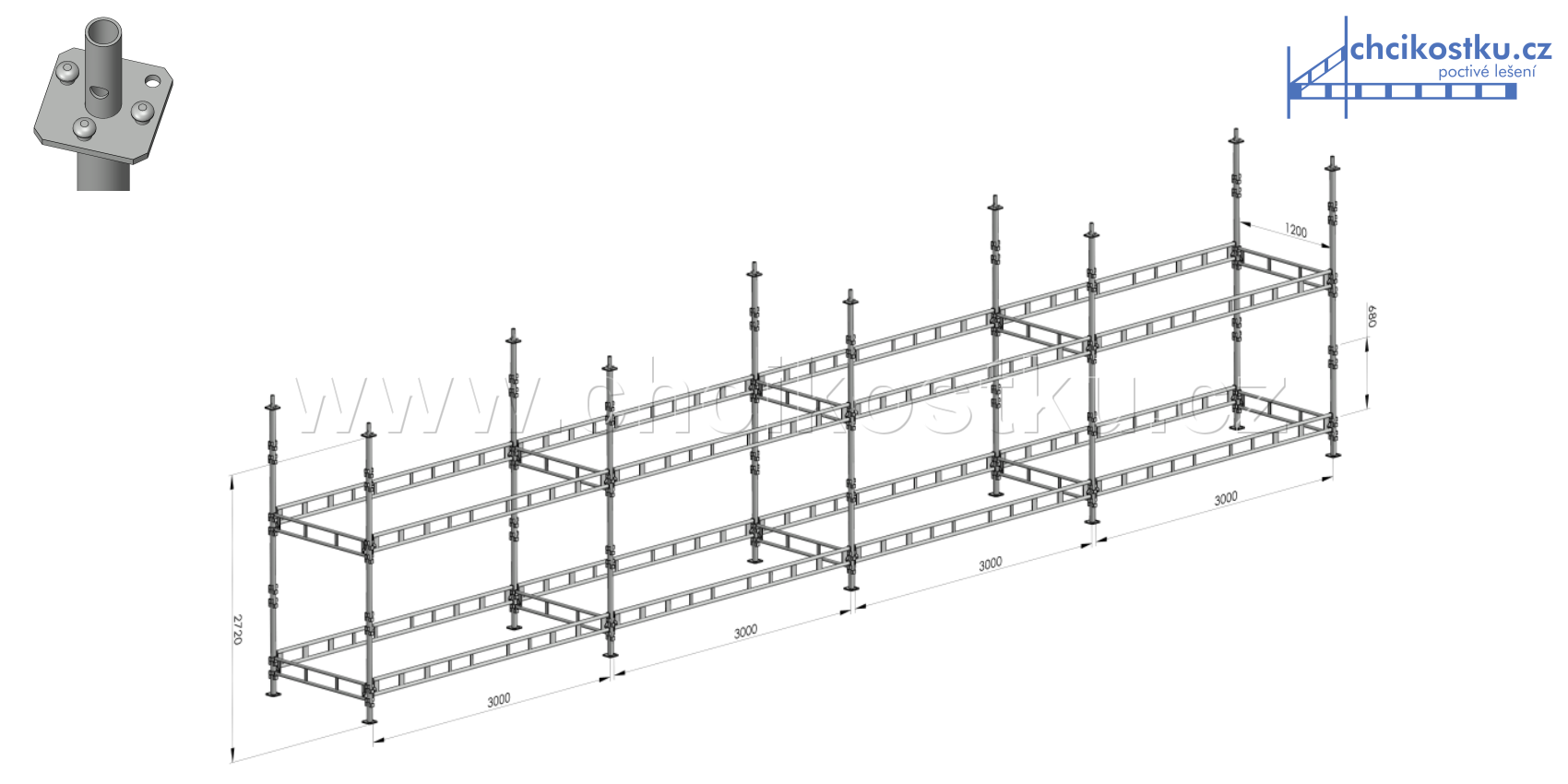 sestava lešení 2,72x12m / 32,6m2 - čtvercová patka
