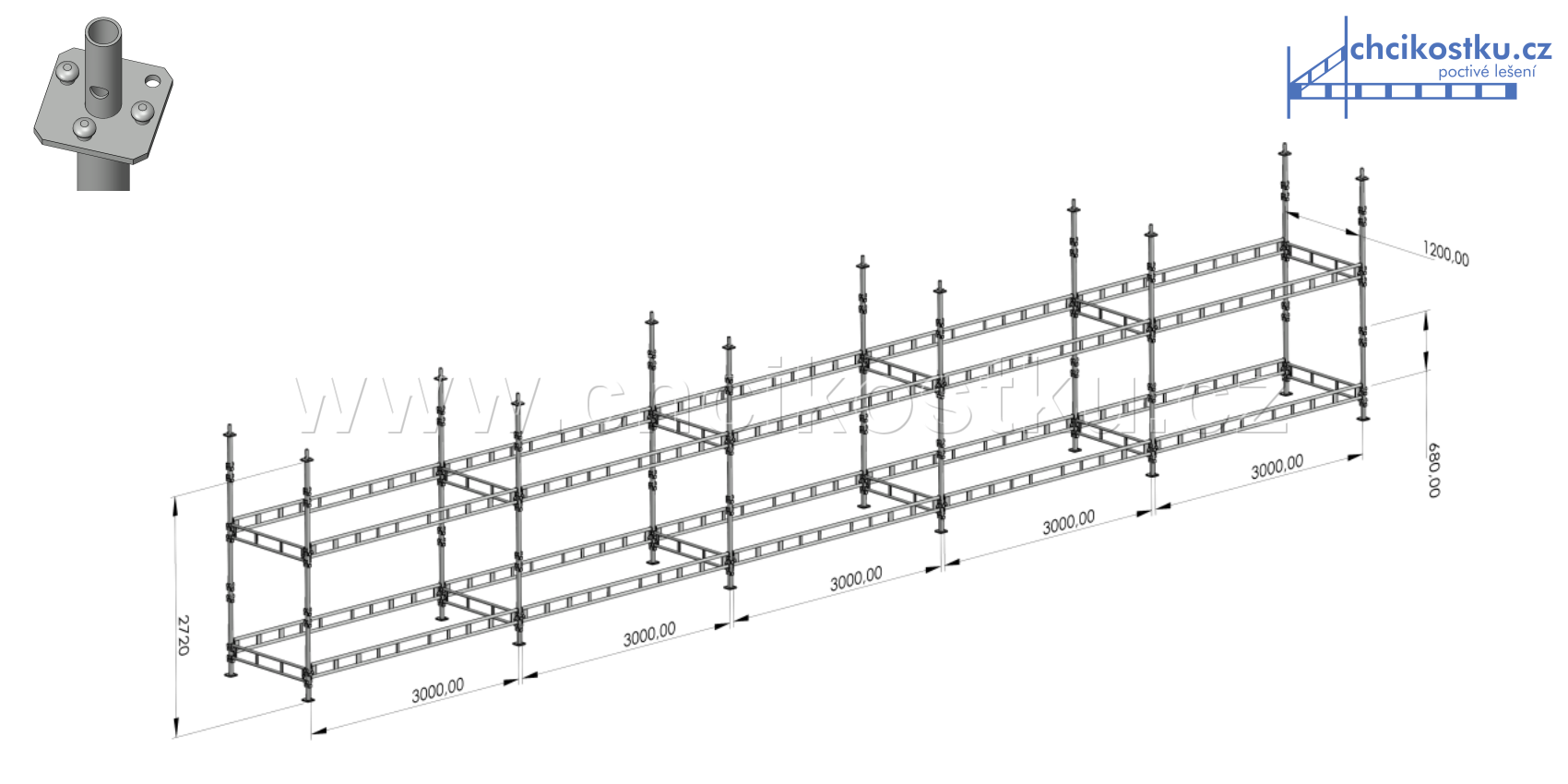 sestava lešení 2,72x15m / 40,8m2 - čtvercová patka