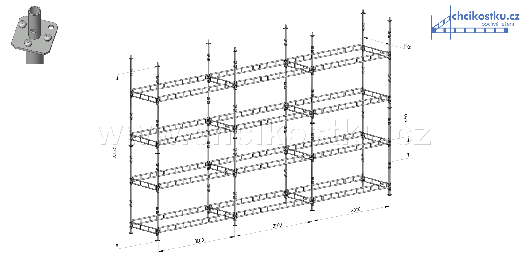 sestava lešení 5,44x9m / 49,0m2 - čtvercová patka