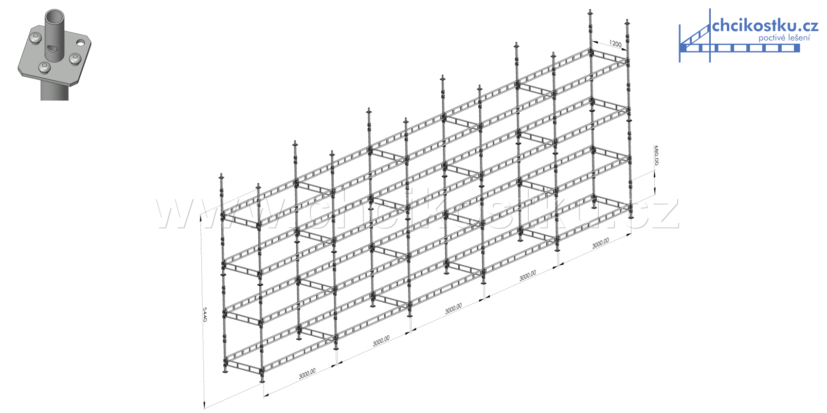 sestava lešení 5,44x15m / 81,6m2 - čtvercová patka