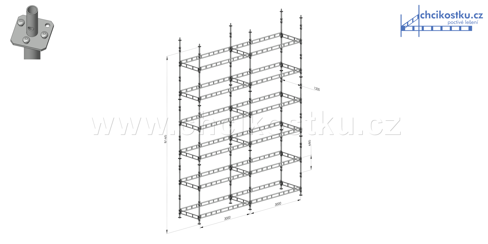 sestava lešení 8,16x6m / 49,0m2 - čtvercová patka