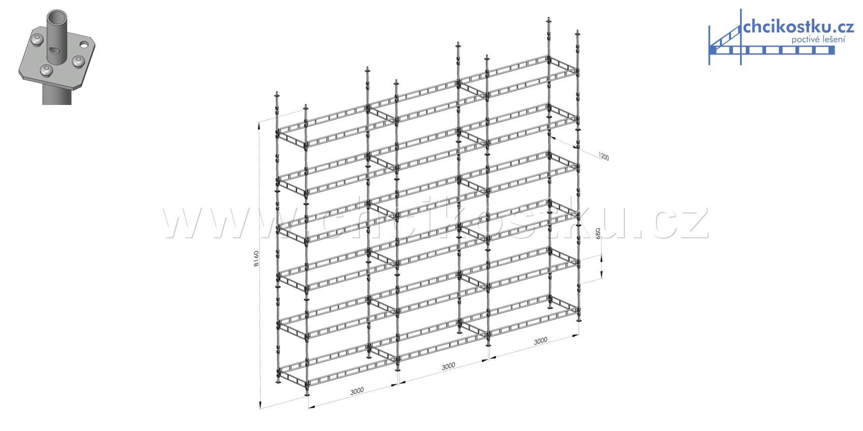 sestava lešení 8,16x9m /73,4m2 - čtvercová patka