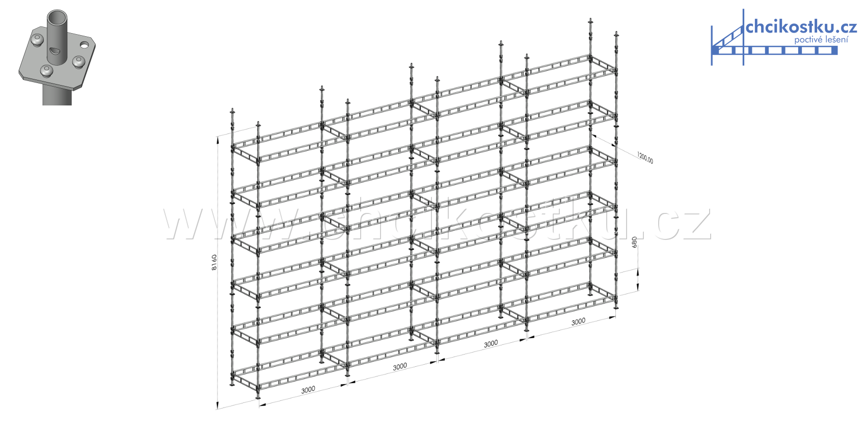 sestava lešení 8,16x12m / 97,9m2 - čtvercová patka