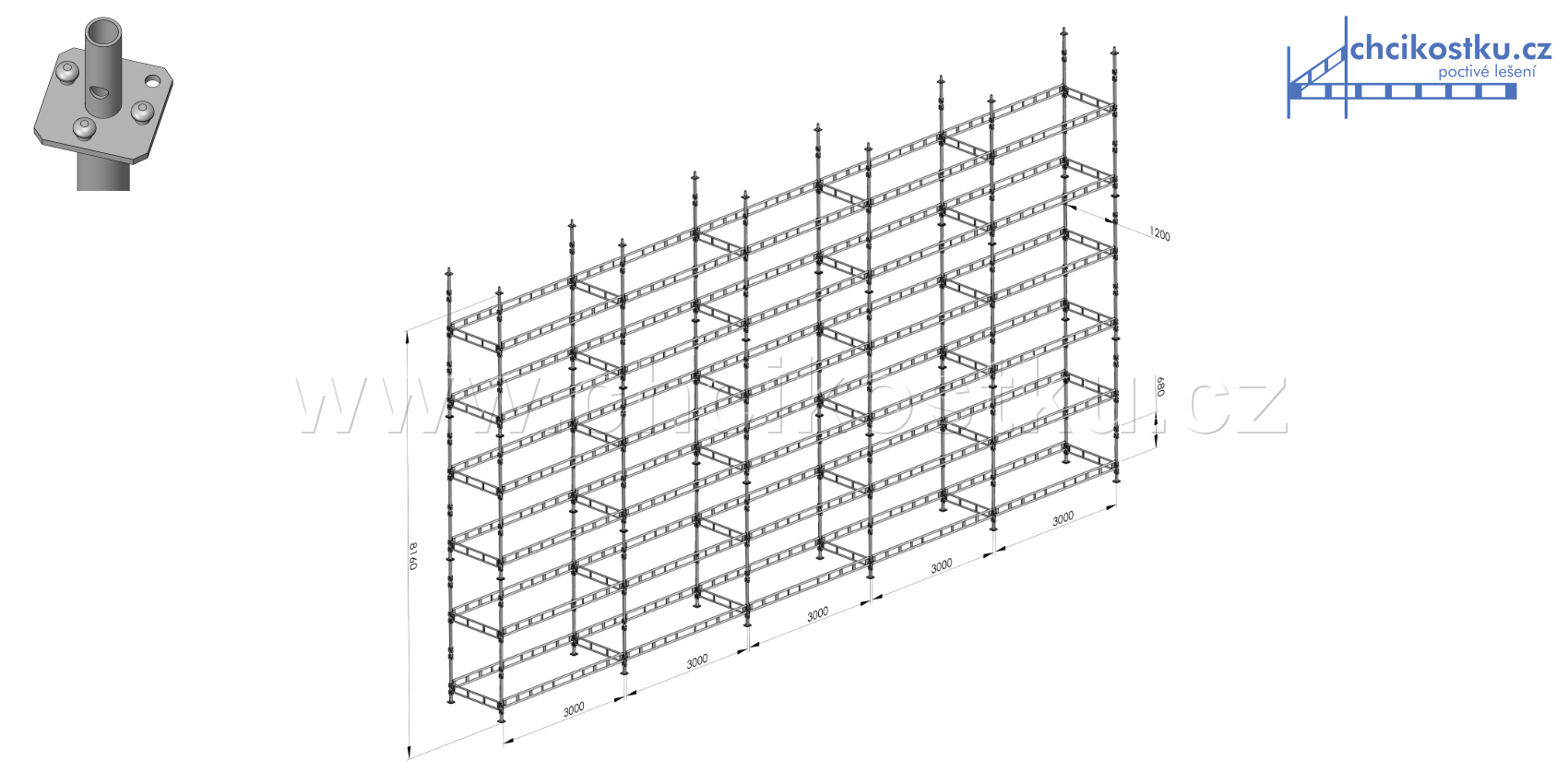 sestava lešení 8,16x15m / 122,4m2 - čtvercová patka