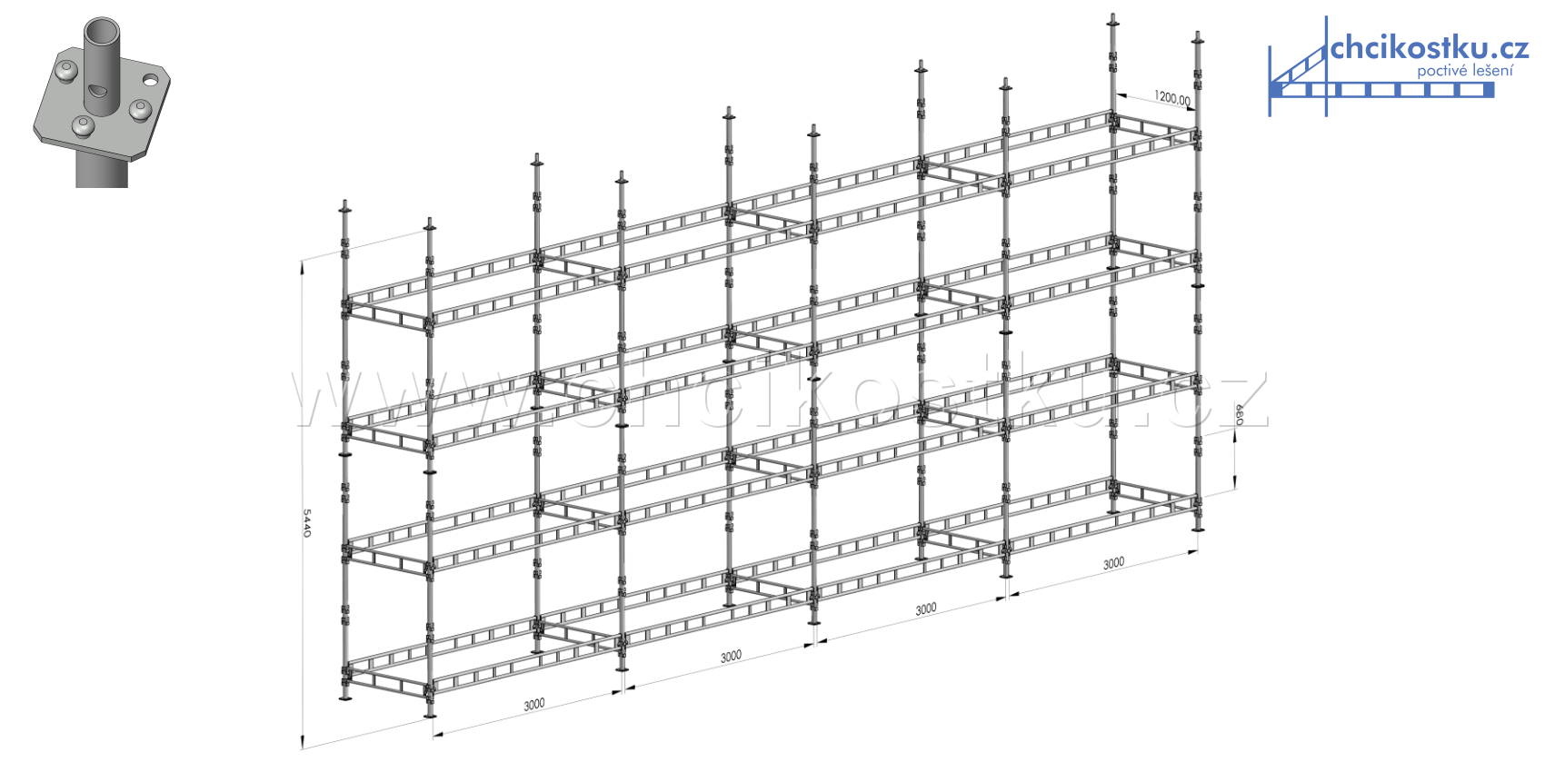 AKCE - sestava lešení 5,44x12m / 65,3m2 - čtvercová patka