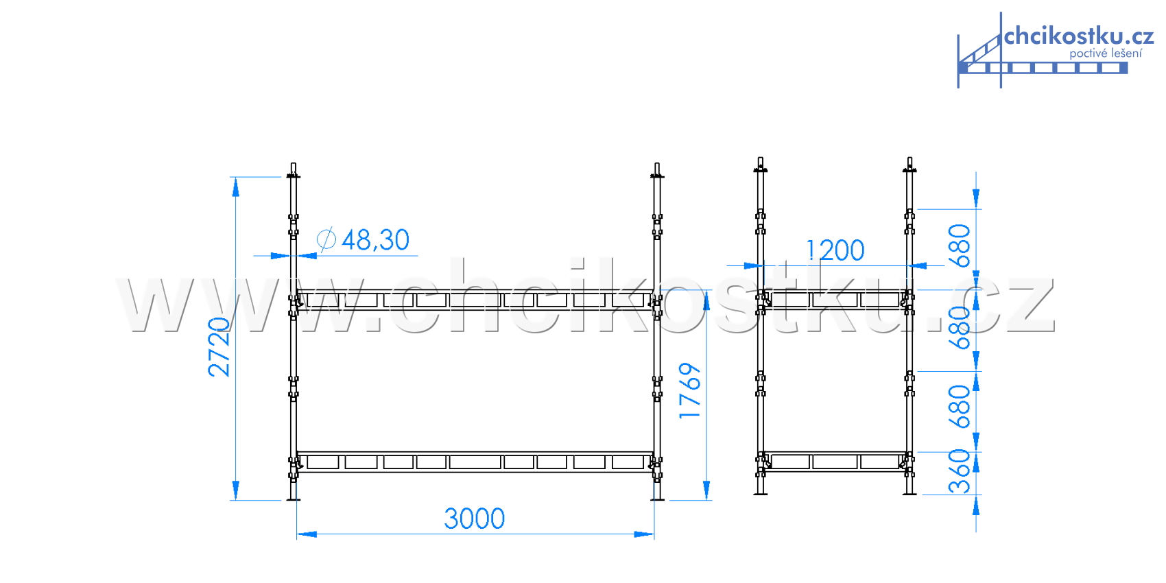 AKCE - 4x základní kostka lešení 2,72x1,2x3,0 - čtvercová patka