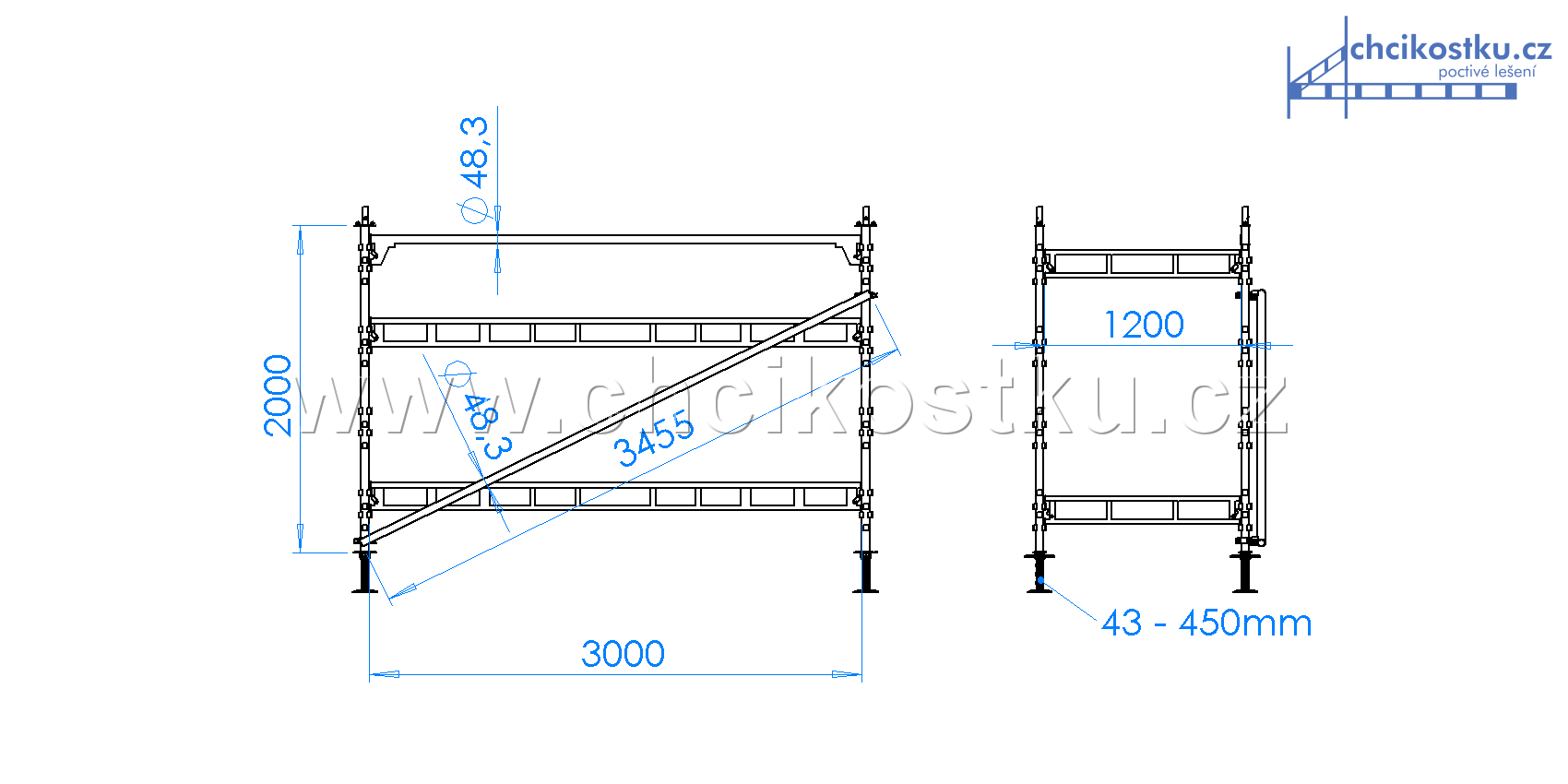 kompletní kostka lešení 2,0x1,2x3,0 s podlážkami