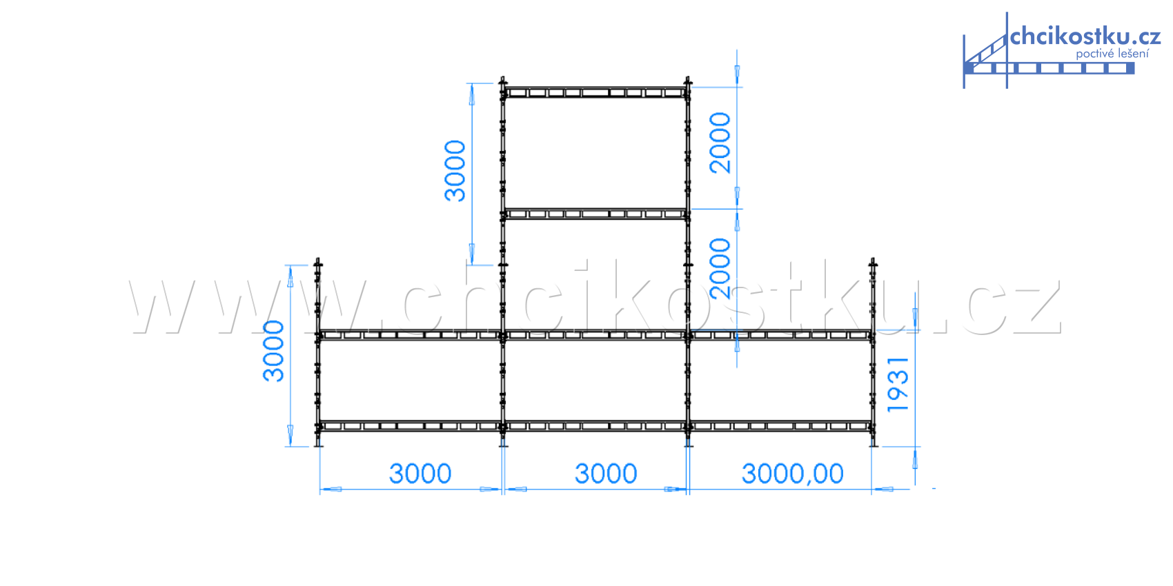 sestava 6x9m do štítu / 36m2 - základní s podlážkami